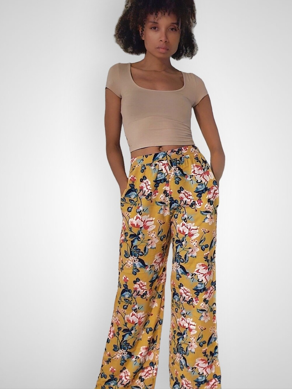 👖Mustard Yellow Floral Wide Leg Palazzo Summer Pants Size S From Xhilaration
